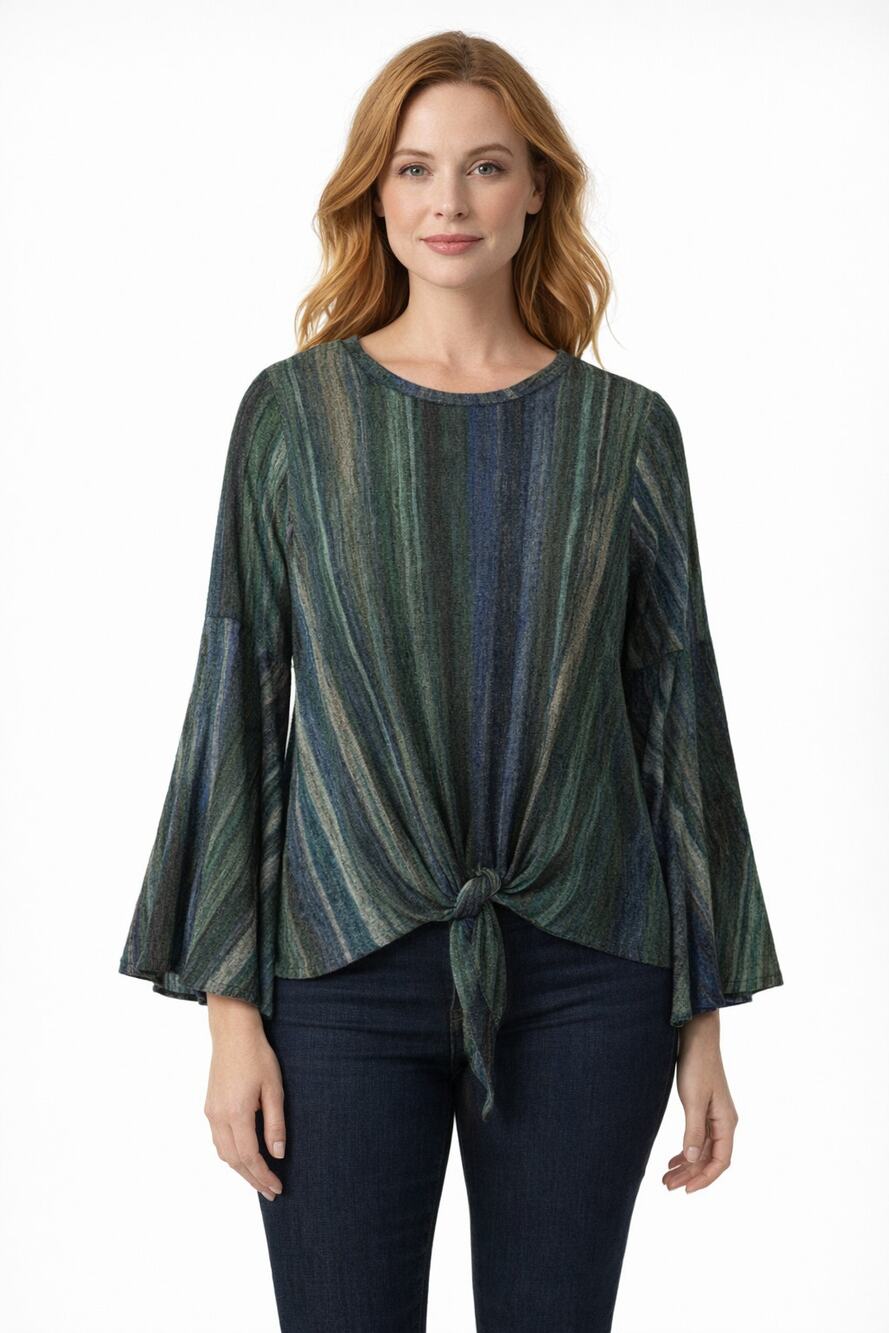 Style & Co Striped Tie‑Front Bell Sleeve Blouse Green Blue Textured Top